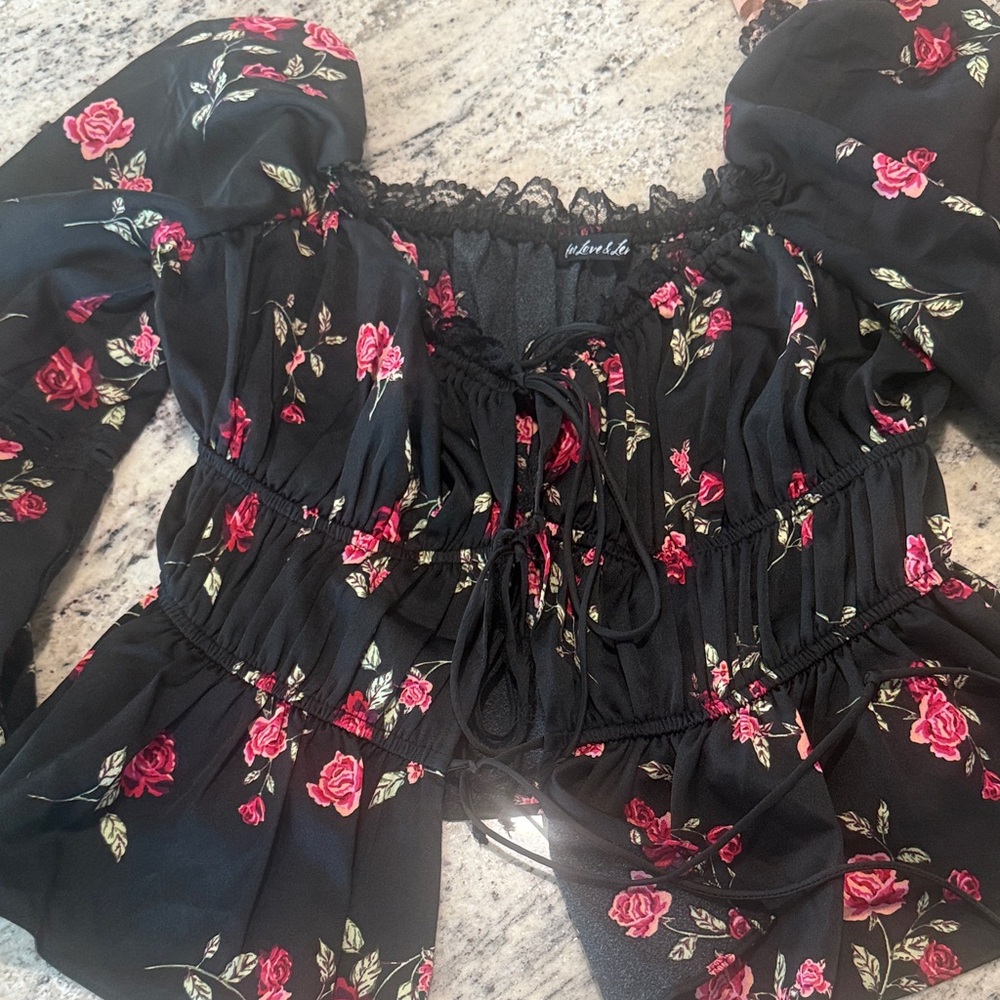For Love And Lemons Black and Red Floral Lace-Up Blouse